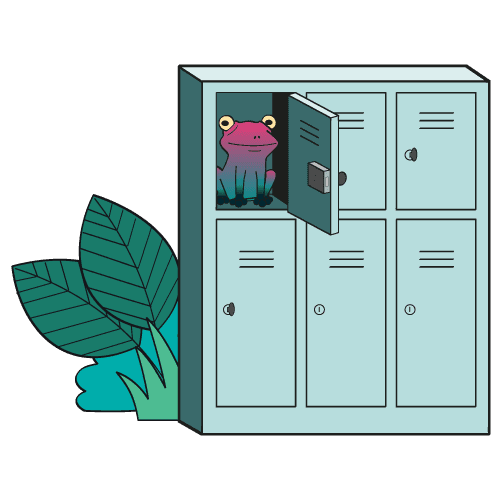 Set of six light blue coloured lockers with a Toxic Trio frog hiding in an open locker.