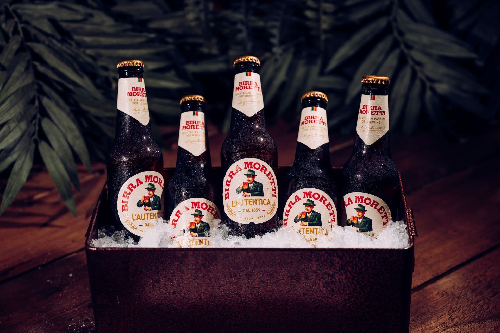 Moretti bottles display in a tray of ice.