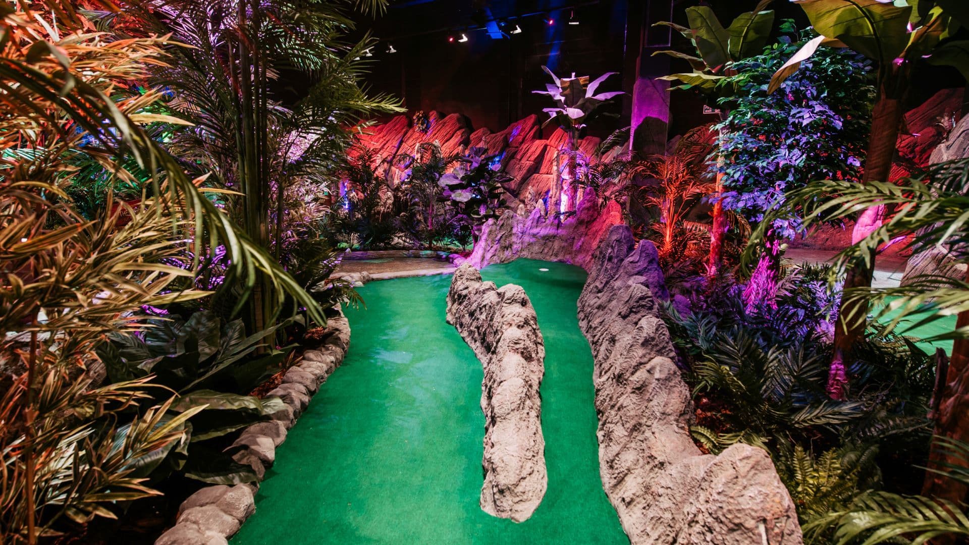 A golf hole on the Tropical Trail at Treetop Golf.