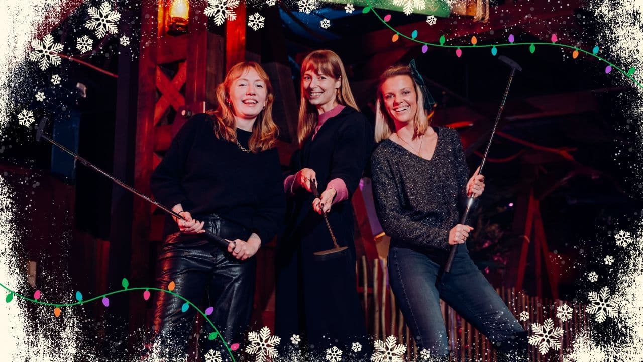 3 ladies smiling at Treetop with a Christmas overlay.