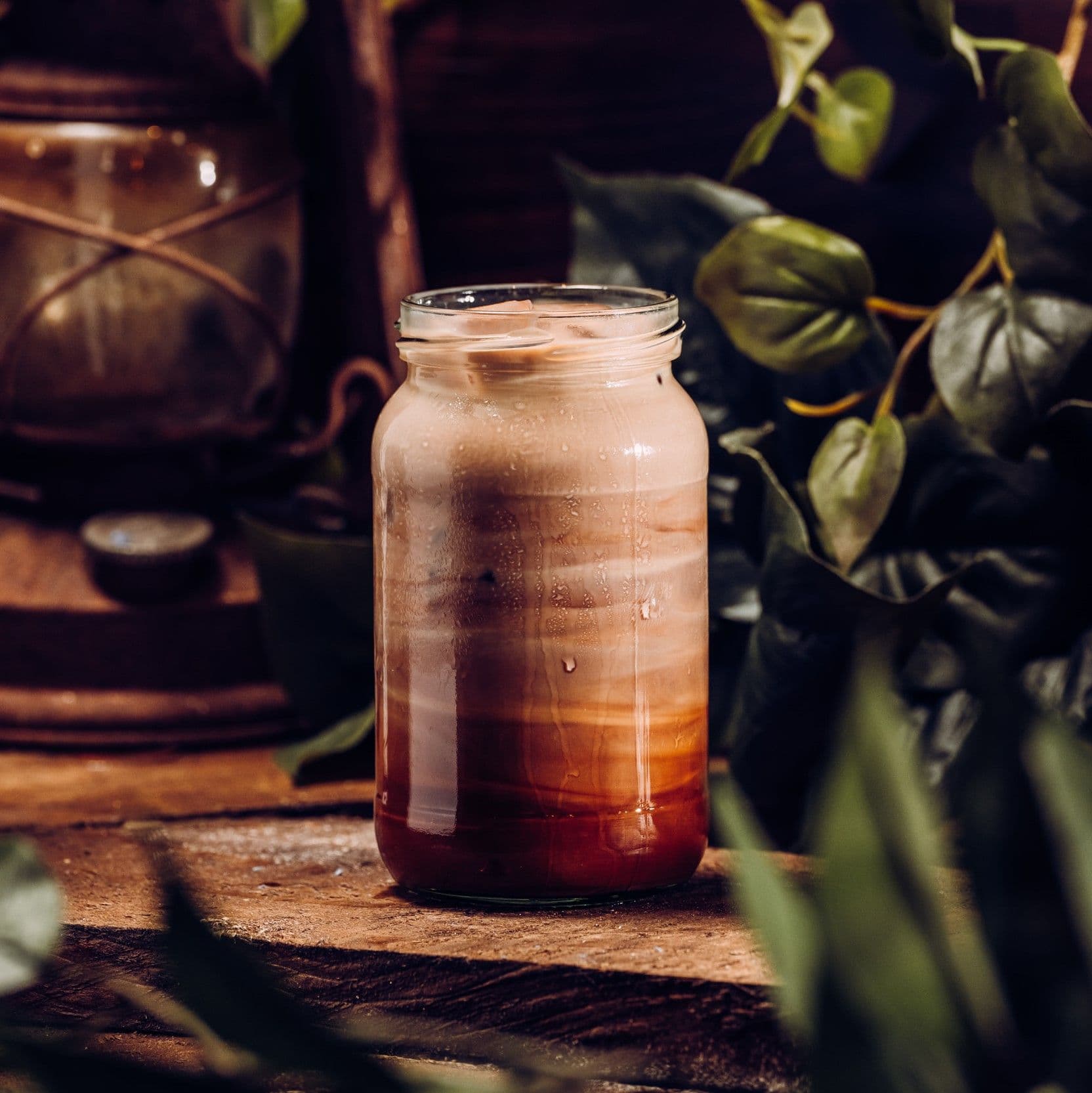 A close up image of an iced mocha.