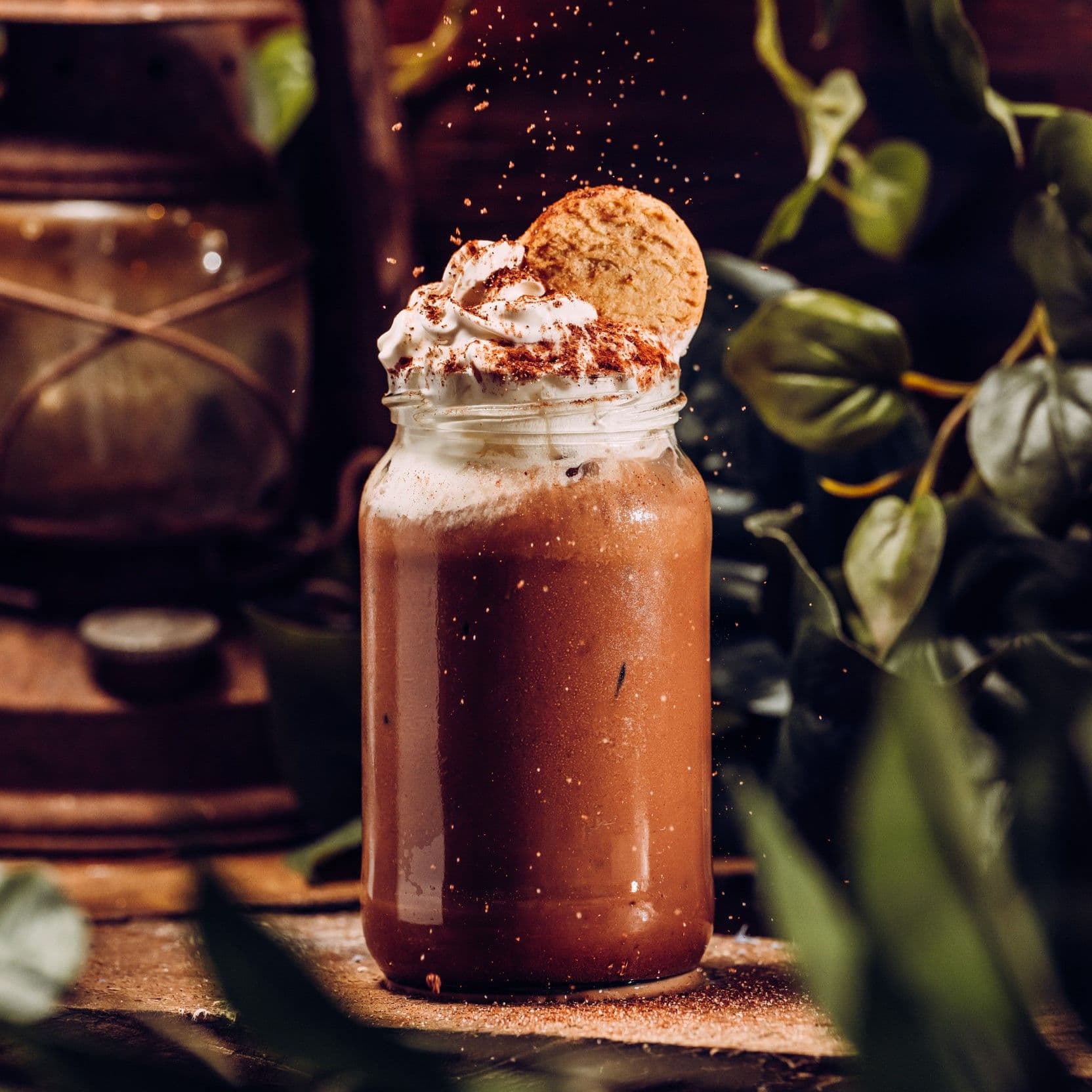 A close up image of an iced chocolate.