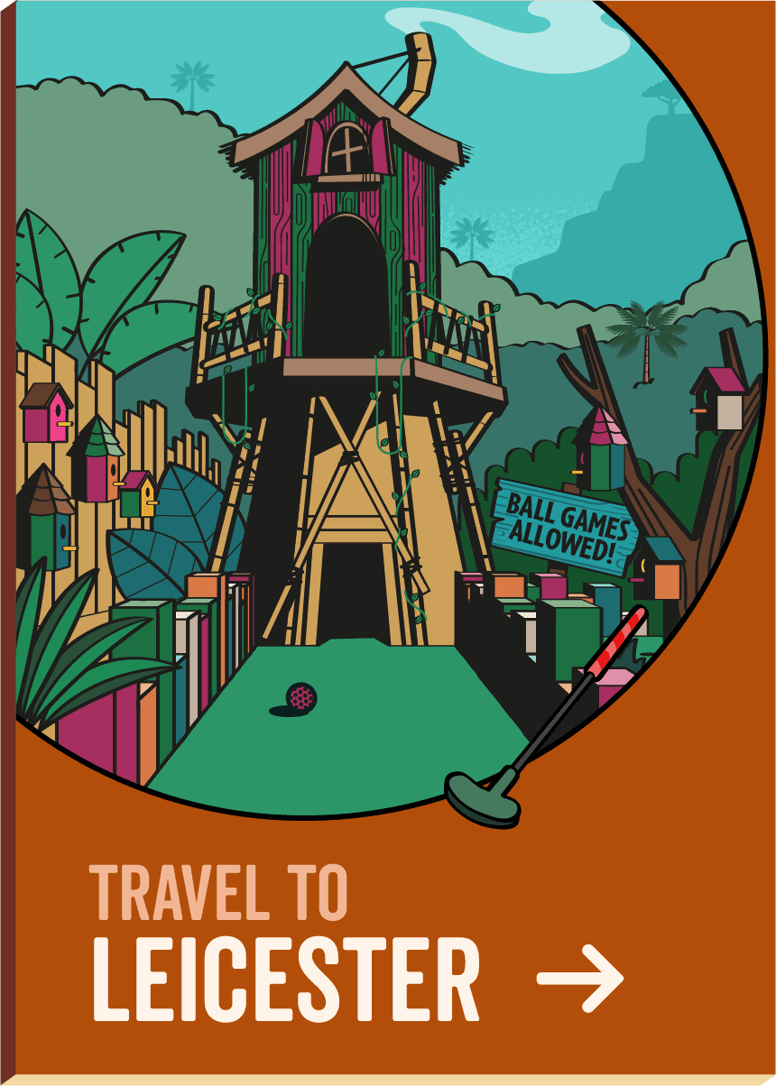Signature illustration of the Twee-T Tower, a pink and green double story birdhouse with jungle shrubs and a mini golf club.