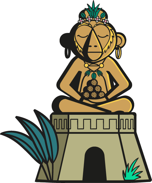 Signature illustration of Maybel the Monkey Queen spirit perched on her shrine in gold and orange with green accents. 