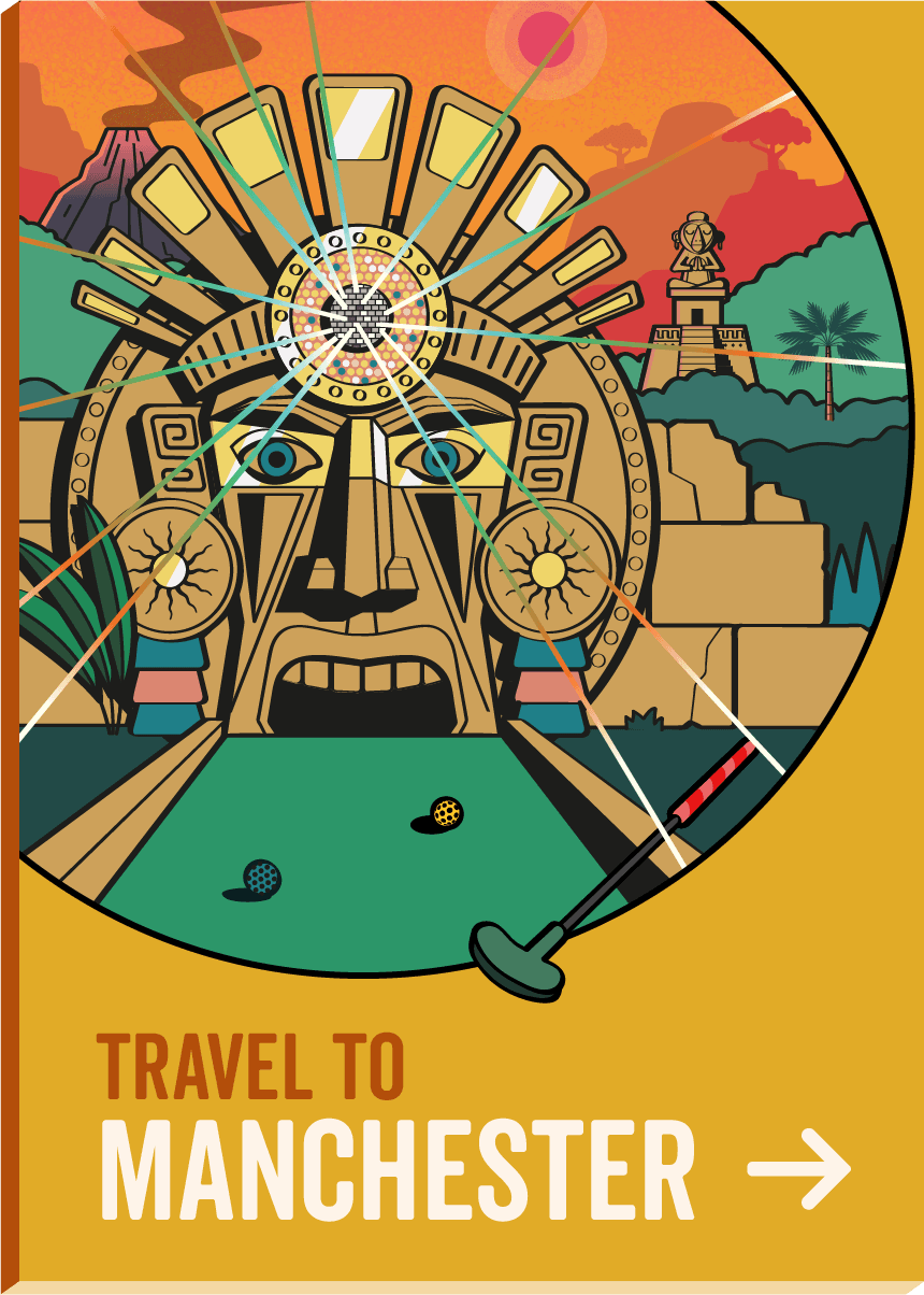 Signature illustration of the gold, orange and yellow Sacred Mask, with light beams shooting from its centre stone and a mini golf club.