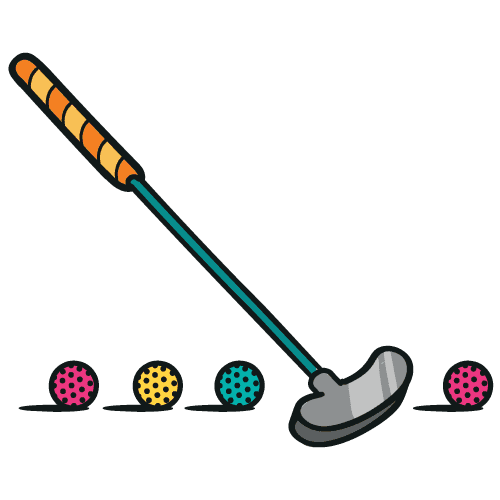 Four multi coloured balls and a light blue club with striped orange and yellow handle illustration.