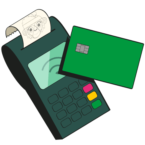 Illustration of a green cash machine printing a receipt after being tapped by a credit card.